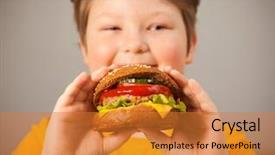  Presentation with burger - Audience pleasing PPT theme consisting of child eats burger on grey backdrop and a gold colored foreground
