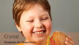  Presentation with burger - Colorful presentation design enhanced with child-eats-burger-on-grey backdrop and a coral colored foreground