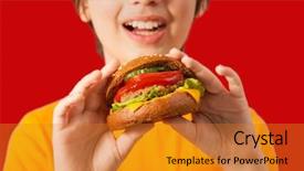  Presentation with burger - Presentation theme having child eats burger on red background and a gold colored foreground