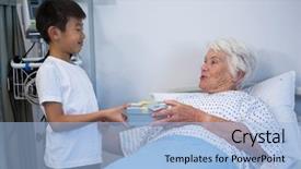  Presentation with hospital bed - Slide deck enhanced with child emergency room - boy giving a gift background and a  colored foreground