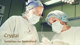  Presentation with mature masked female surgeon - Cool new presentation theme with child emergency room - female surgeons operating in clinics backdrop and a  colored foreground