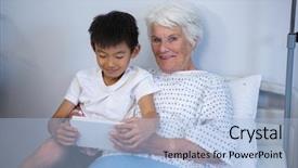  Presentation with digital hospital - Slides featuring child emergency room - senior patient and boy holding background and a  colored foreground