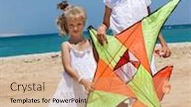  Presentation with kite - Presentation theme featuring child flying kite beach outdoor water skyline background and a coral colored foreground