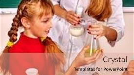  Presentation with chemistry - Slide set consisting of child girl and chemistry teacher holding chemistry flask in chemistry class on chemistry lesson background and a coral colored foreground