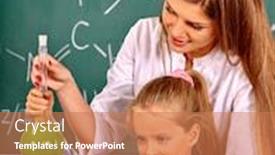  Presentation with chemistry - PPT theme having child girl and chemistry teacher holding chemistry flask in chemistry class background and a coral colored foreground