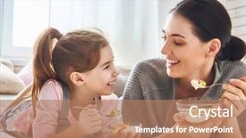  Presentation with displaying a happy mother cudd - Presentation featuring child girl are eating fruity background and a coral colored foreground