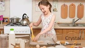  Presentation with baking cookies - Audience pleasing PPT theme consisting of child girl baking cookies in home kitchen raw food and fruits healthy food concept backdrop and a coral colored foreground