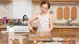  Presentation with baking cookies - PPT theme enhanced with child girl baking cookies in home kitchen raw food and fruits healthy food concept background and a coral colored foreground