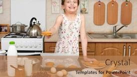  Presentation with baking cookies - PPT theme enhanced with child girl baking cookies in home kitchen raw food and fruits healthy food concept background and a coral colored foreground