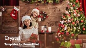  Presentation with mother and child health care - Presentation theme featuring child girl exchanging christmas gifts background and a tawny brown colored foreground
