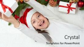  Presentation with emotions - Slide set with child girl having fun with christmas decoration face expression and happy emotions dressed in santa hat lie on white fur background winter holiday concept background and a sky blue colored foreground