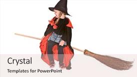  Presentation with black child - PPT layouts featuring child girl in costume halloween witch in black dress and hat fly on broom isolated background and a lemonade colored foreground