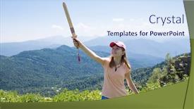  Presentation with green mountains - Presentation enhanced with child girl in mountains on green grass under blue sky background and a sky blue colored foreground