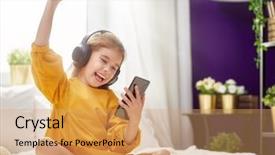  Presentation with music headphones - Slide deck enhanced with child girl listening to music background and a coral colored foreground