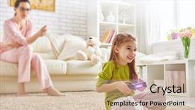  Presentation with video game - Cool new PPT layouts with child girl playing video game backdrop and a coral colored foreground