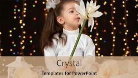  Presentation with illumination - Amazing slide deck having child girl portrait in christmas decoration happy emotions winter holiday concept dark background with illumination and boke lights backdrop and a coral colored foreground