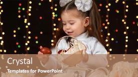  Presentation with illumination - Slide deck featuring child girl portrait in christmas decoration happy emotions winter holiday concept dark background with illumination and boke lights background and a coral colored foreground