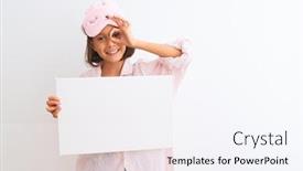  Presentation with child eye - Beautiful slide deck featuring child girl wearing sleep mask and pajama holding banner over isolated white background with happy face smiling doing ok sign with hand on eye looking through fingers backdrop and a sky blue colored foreground