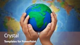  Presentation with world globe earth - PPT theme with child hands against blurry world background and a coral colored foreground