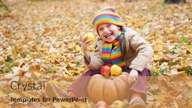  Presentation with fall season - Slides having child having fun with apple and pumpkin in forest sit on autumn leaves background fall season background and a yellow colored foreground