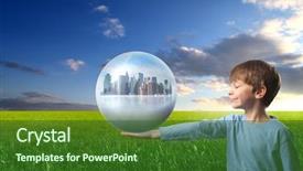  Presentation with future city - Audience pleasing slides consisting of child holding a city inside backdrop and a forest green colored foreground