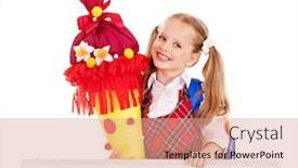  Presentation with gift - Audience pleasing PPT theme consisting of child-holding-gift-school-cone backdrop and a coral colored foreground