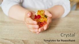 Presentation with colorful hands - Beautiful PPT layouts featuring child-holds-many-colorful-gummy backdrop and a coral colored foreground