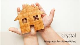  Presentation with white house - Presentation featuring child holds wooden flat house background and a coral colored foreground