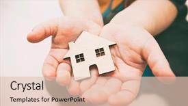  Presentation with white house - PPT layouts with child holds wooden flat house background and a lemonade colored foreground