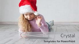  Presentation with girl christmas - Beautiful slides featuring child-in-christmas-hat backdrop and a light gray colored foreground