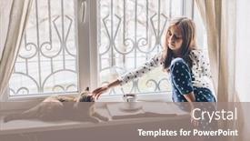  Presentation with weekend - Amazing presentation design having child in pajamas relaxing on a window sill with pet lazy weekend with cat at home cozy scene hygge concept backdrop and a gray colored foreground
