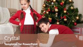  Presentation with sharing - Theme having child in santa hat having fun and playing sharing gifts christmas decoration at home happy emotion winter holiday concept background and a coral colored foreground