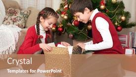  Presentation with happy holiday - PPT layouts enhanced with child in santa hat having fun and playing christmas decoration at home happy emotion winter holiday concept background and a coral colored foreground