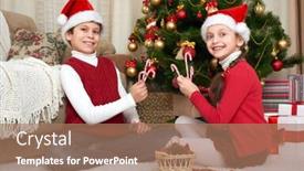  Presentation with happy holiday - Audience pleasing PPT theme consisting of child in santa hat having fun and playing christmas decoration at home happy emotion winter holiday concept backdrop and a coral colored foreground