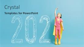  Presentation with child superhero - Presentation design featuring child-in-superhero-costume-near background and a light blue colored foreground