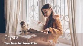 Presentation with winter scene - Cool new PPT theme with child in warm woolen sweater seating on window sill and reading a book winter weekend with cat at home cozy scene hygge concept backdrop and a coral colored foreground