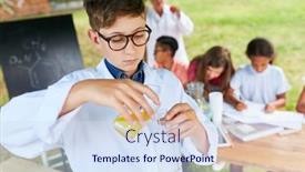  Presentation with summer school - Theme enhanced with child-in-white-coat-doing background and a sky blue colored foreground