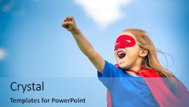  Presentation with super girl - Beautiful PPT layouts featuring child leader - funny little girl playing power backdrop and a light blue colored foreground