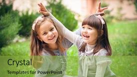  Presentation with leader - PPT theme with child leader - happy little girlfriends in park background and a yellow colored foreground