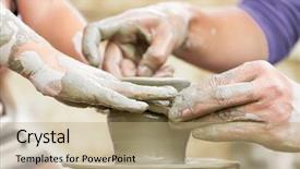  Presentation with learning - Presentation theme consisting of child learning how to make a pot on a pottery wheel old potter helps background and a coral colored foreground