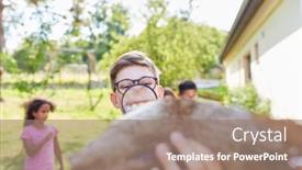  Presentation with child tree - Amazing PPT theme having child-looks-at-tree-bark backdrop and a coral colored foreground