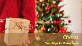  Presentation with child tree - Slide deck enhanced with child near the christmas tree with a gift behind girl back background and a red colored foreground