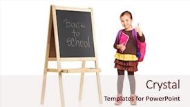 Presentation with school board - Beautiful slides featuring child next to a school board holding book and showing thumb up isolated on white background backdrop and a lemonade colored foreground