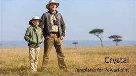  Presentation with safari - Audience pleasing theme consisting of family of father and child on african safari vacation enjoying bush view backdrop and a gold colored foreground