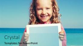  Presentation with tablet - Beautiful presentation theme featuring child on the beach with tablet computer little happy girl showing screen digital pc backdrop and a seafoam green colored foreground