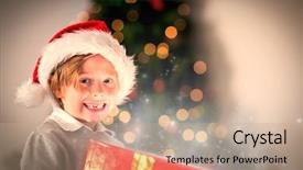  Presentation with snow - Presentation theme featuring child opening his christmas present against snow background and a coral colored foreground