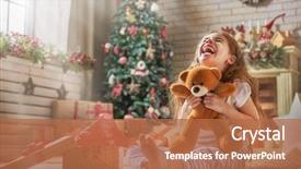  Presentation with happy holidays - Presentation consisting of child opening present near christmas background and a coral colored foreground