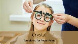  Presentation with optometry - PPT theme with child-optometry-concept-young-girl background and a gold colored foreground
