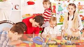  Presentation with art - Colorful slide deck enhanced with child painting at art school backdrop and a coral colored foreground