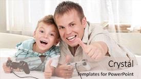  Presentation with electronic - Cool new PPT theme with child playing a video game backdrop and a soft green colored foreground